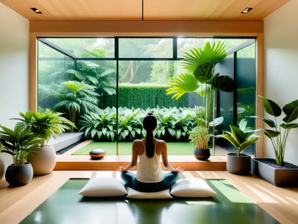 Persona meditando en una habitación moderna con vista a un jardín exuberante, atmósfera de calma y tranquilidad