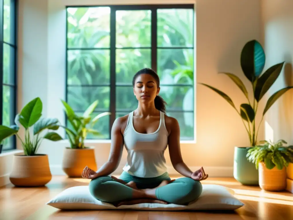 Meditación serena en un espacio minimalista Persona meditando en una habitación serena con luz natural, transmitiendo paz