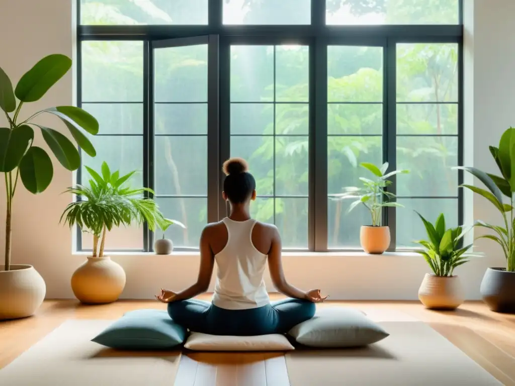 Persona meditando en habitación serena con luz natural