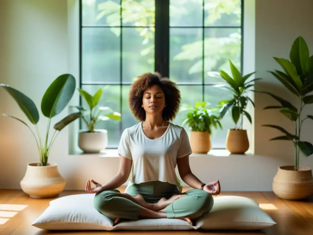 Meditación en un ambiente sereno y minimalista Persona meditando en una habitación serena y minimalista, integrando aplicaciones de meditación y ciencia