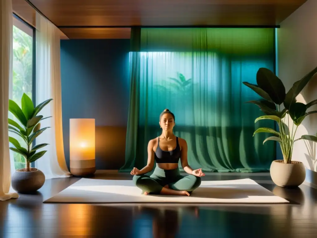 Espacio de meditación sereno con luz natural y tranquilidad Persona meditando en una habitación serena y moderna, irradiando calma y tranquilidad