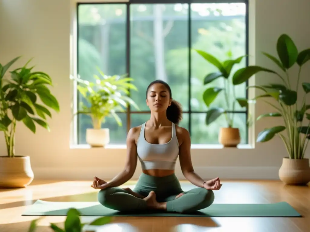 Práctica de yoga en un espacio sereno con plantas verdes Una persona practica yoga en una habitación serena y soleada con grandes ventanas, rodeada de plantas verdes