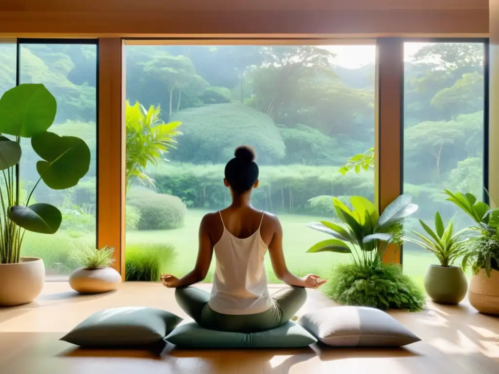 Espacio de meditación sereno con vista a la naturaleza Una persona medita en una habitación serena con vista a la naturaleza, rodeada de plantas y luz natural