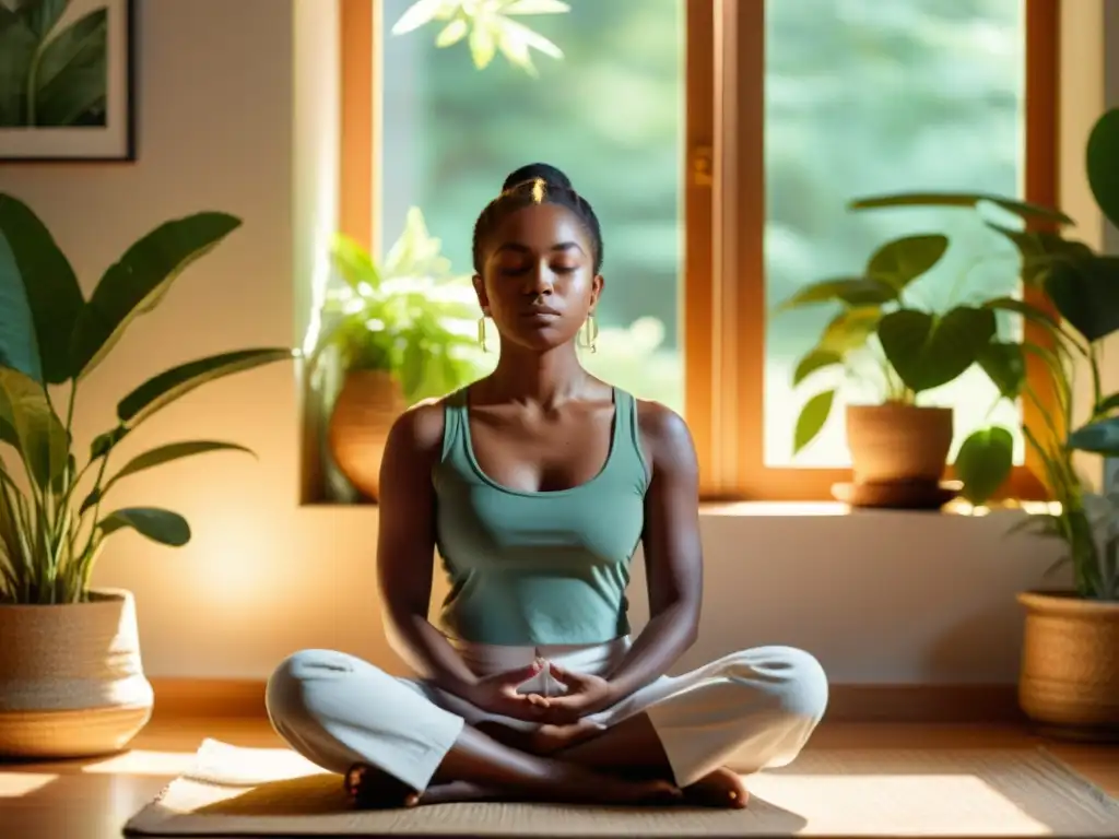Meditación en Paz: Detalle Sereno en Luz Solar Persona meditando en habitación soleada, transmitiendo paz y serenidad, perfecto para técnicas de meditación para fortalecer sistema inmune