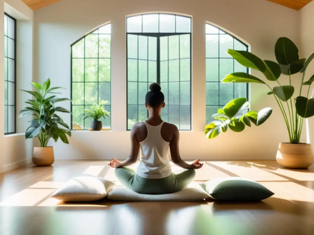 Espacio de meditación sereno con luz solar Una persona medita en una habitación soleada y serena con plantas verdes exuberantes, creando un ambiente de paz y equilibrio cuerpo mente