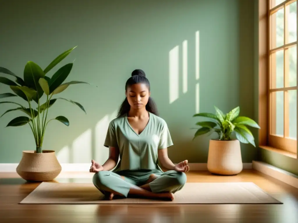 Meditación moderna: alivio del dolor con apps Persona meditando en una habitación tranquila con luz natural y tonos terrosos