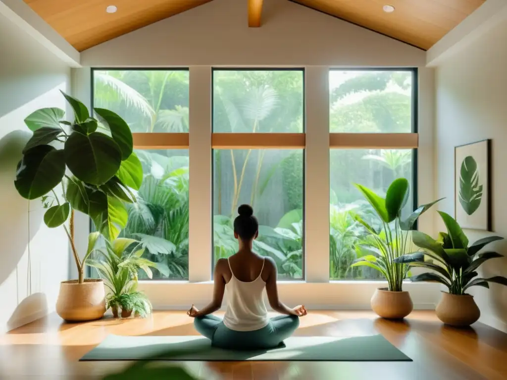 Armonía moderna: Meditación, naturaleza y tecnología fusionadas Persona meditando en una habitación tranquila y moderna, rodeada de plantas verdes y luz natural
