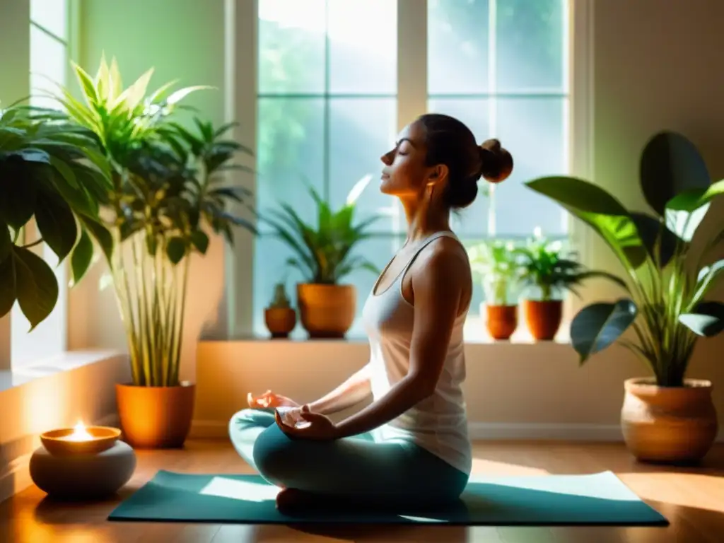 Mediación serena entre plantas: Paz y bienestar 'Persona meditando en una habitación tranquila, rodeada de plantas, practicando técnicas de meditación para fortalecer sistema inmune'