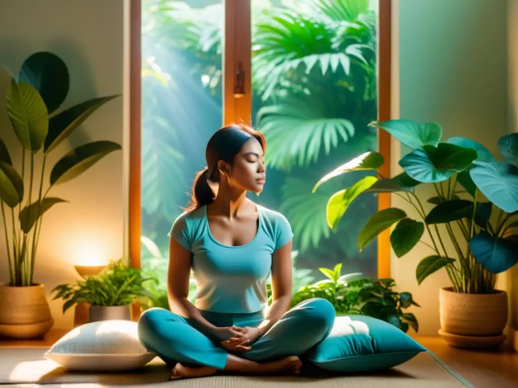 Meditación serena en un oasis de calma Persona meditando en una habitación tranquila, rodeada de plantas verdes, con luz cálida entrando por la ventana