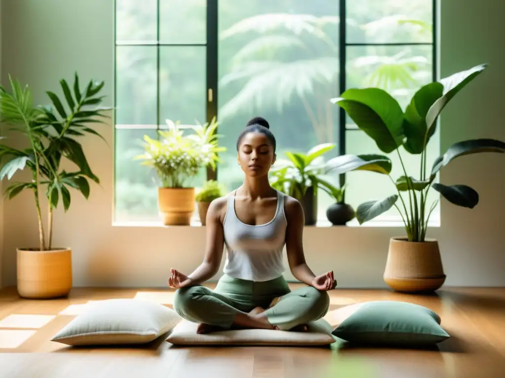 Meditación serena en un espacio luminoso Persona meditando en una habitación tranquila y soleada, rodeada de plantas verdes