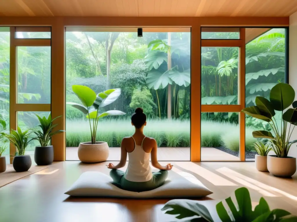 Persona en meditación en una habitación con vista a un bosque