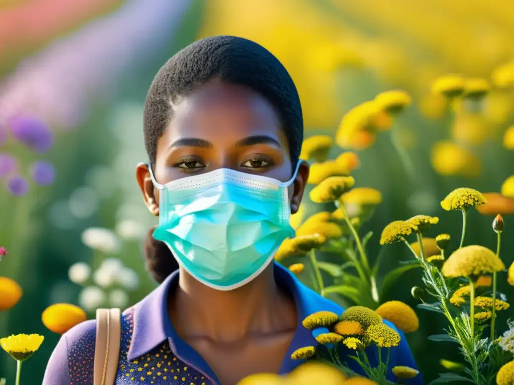 Superando alergias estacionales: inmunidad sensible entre flores y polen Persona con inmunidad sensible usando mascarilla entre flores, transmitiendo determinación ante alergias estacionales