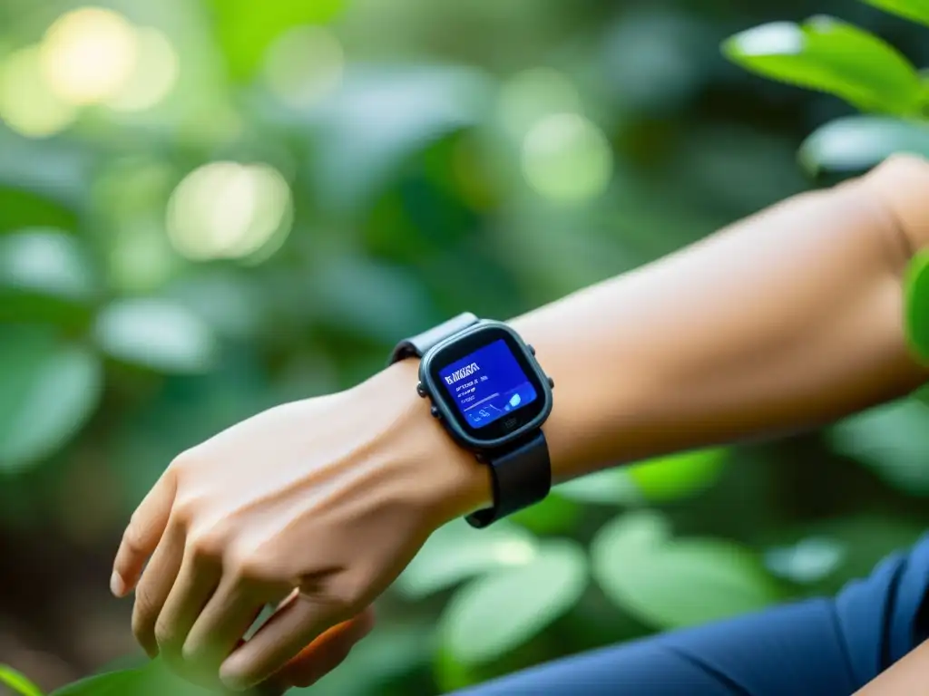Biofeedback: Gestión del estrés en la naturaleza Una persona interactúa con un dispositivo de biofeedback inmunológico para gestionar estrés en un entorno natural sereno
