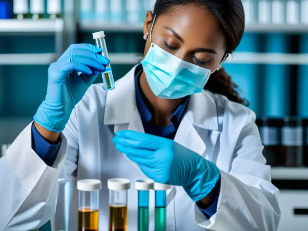 Protección Profesional: Manejo Cuidadoso de Alergenos en Laboratorio Persona en laboratorio protegiendo su sistema inmunológico en el trabajo con meticulosidad y profesionalismo