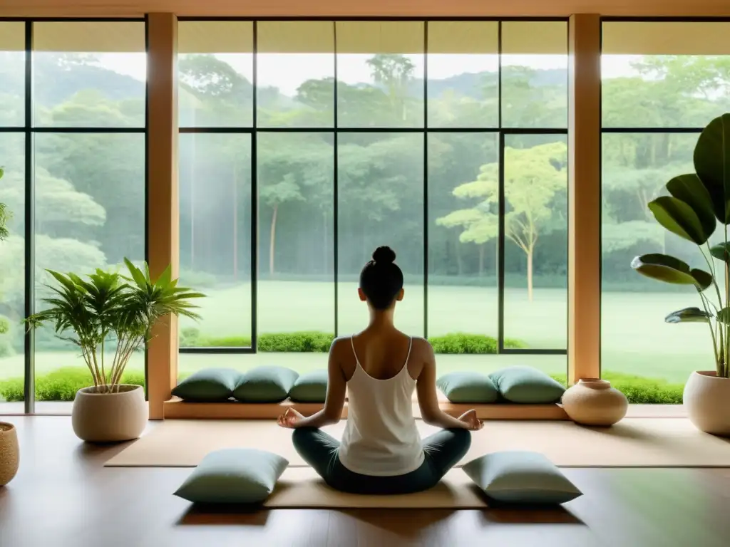 Persona medita en una habitación luminosa con vista a la naturaleza, transmitiendo tranquilidad