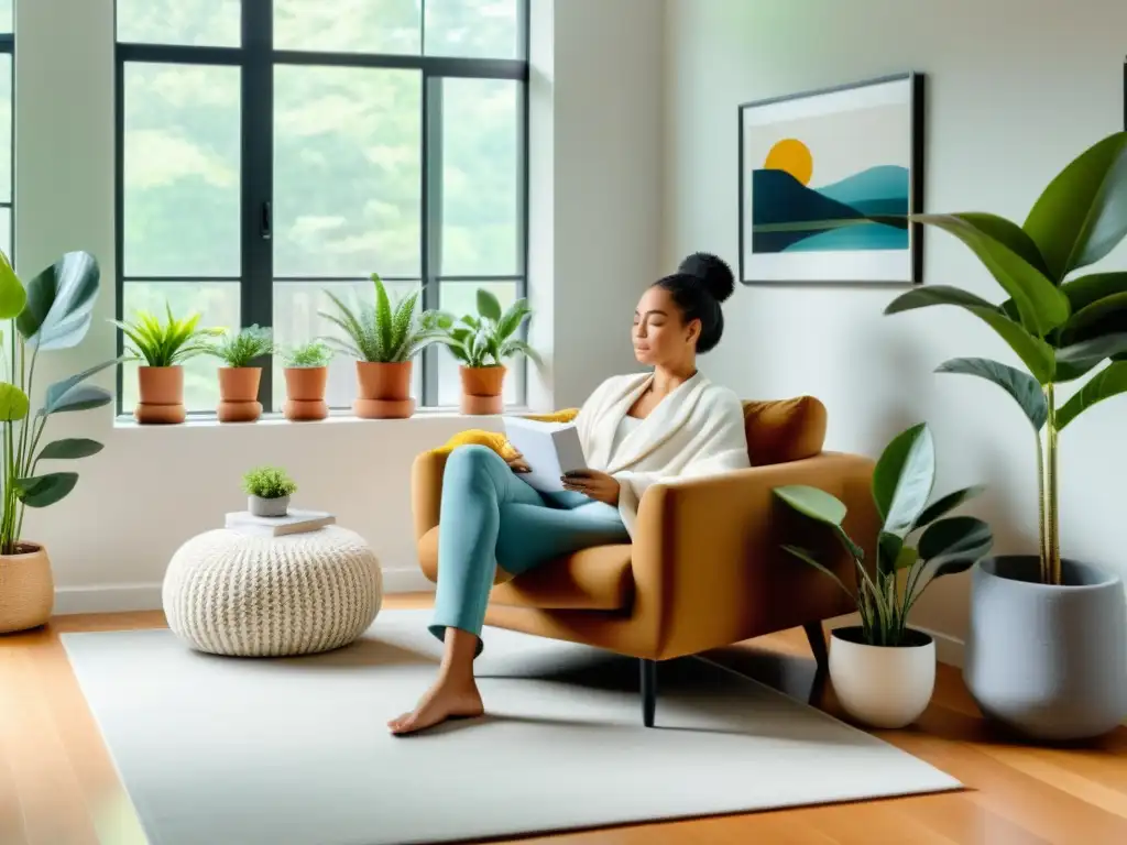 Persona practicando manejo del miedo y ansiedad sistema inmune en sala con luz natural, plantas y decoración calmante