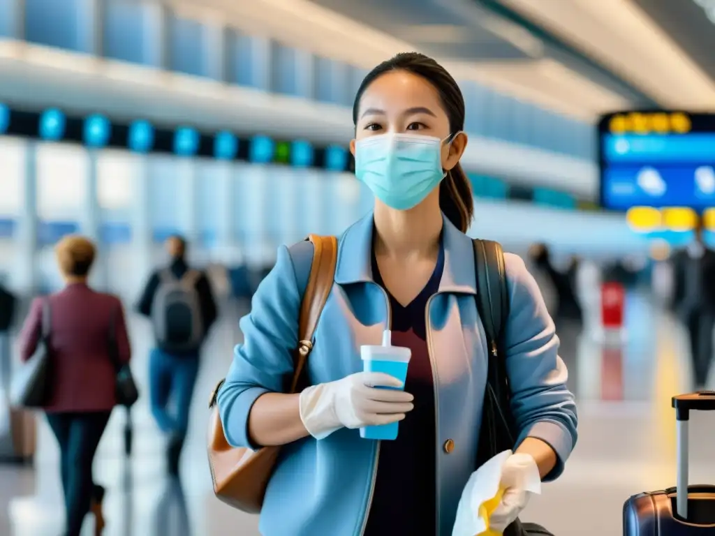 Viaje seguro: Preparación con mascarilla y guantes en aeropuerto Persona con mascarilla y guantes en aeropuerto, tomando precauciones para viajes internacionales en tiempos de crisis sanitaria