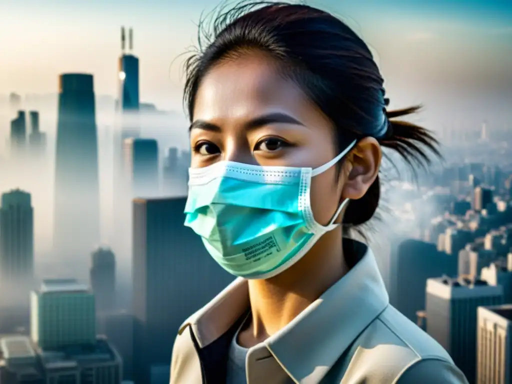 Protección respiratoria en la ciudad Persona con mascarilla protectora frente a la contaminación del aire, mostrando determinación