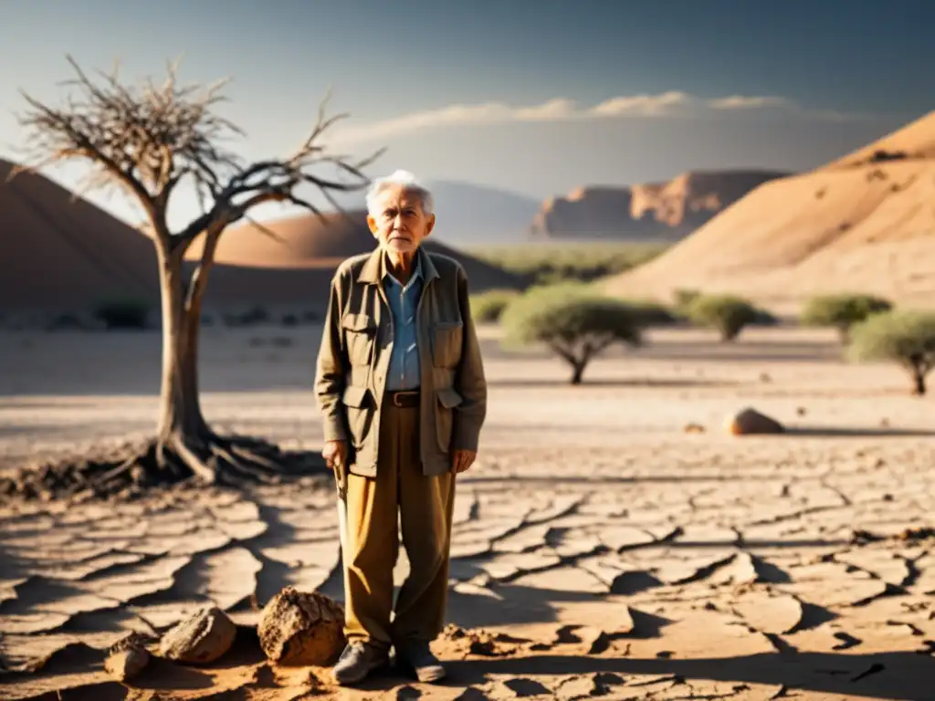 Vulnerabilidad al cambio climático: impacto en los ancianos Persona mayor agotada en un paisaje árido y reseco, simbolizando el impacto del cambio climático en la inmunidad de los ancianos