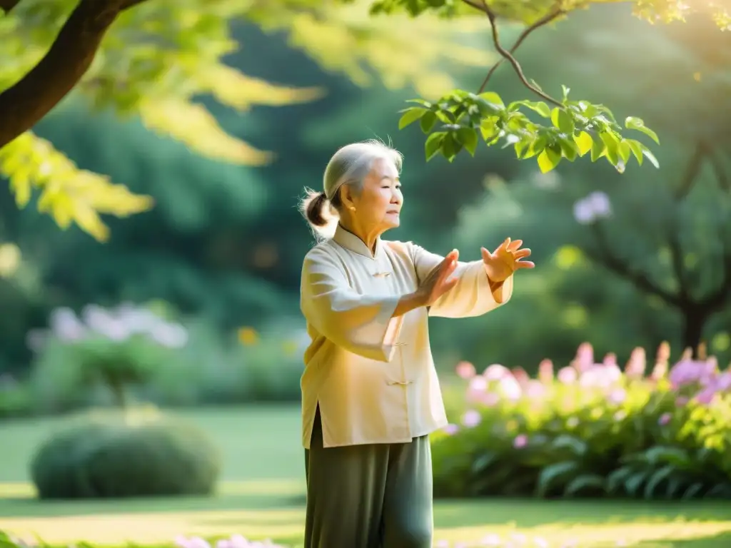 Persona mayor practicando tai chi en un jardín tranquilo, rodeada de naturaleza exuberante y flores