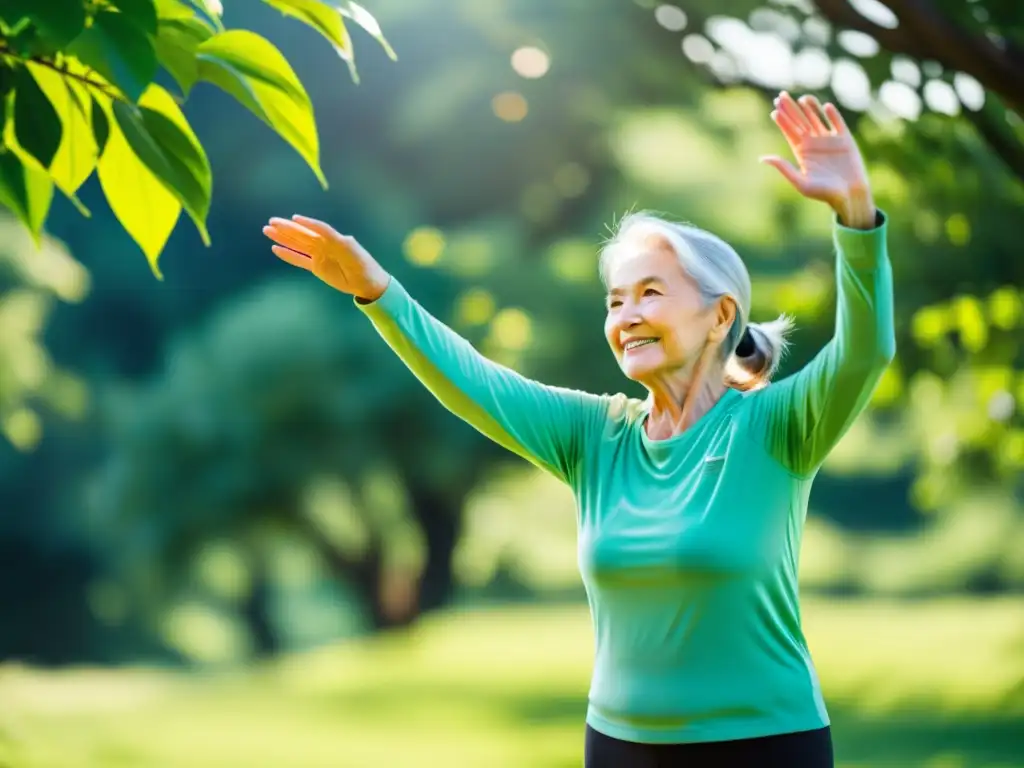 Envejecimiento saludable: Ejercicio al aire libre para la vitalidad Una persona mayor practica tai chi en un entorno natural, irradiando serenidad