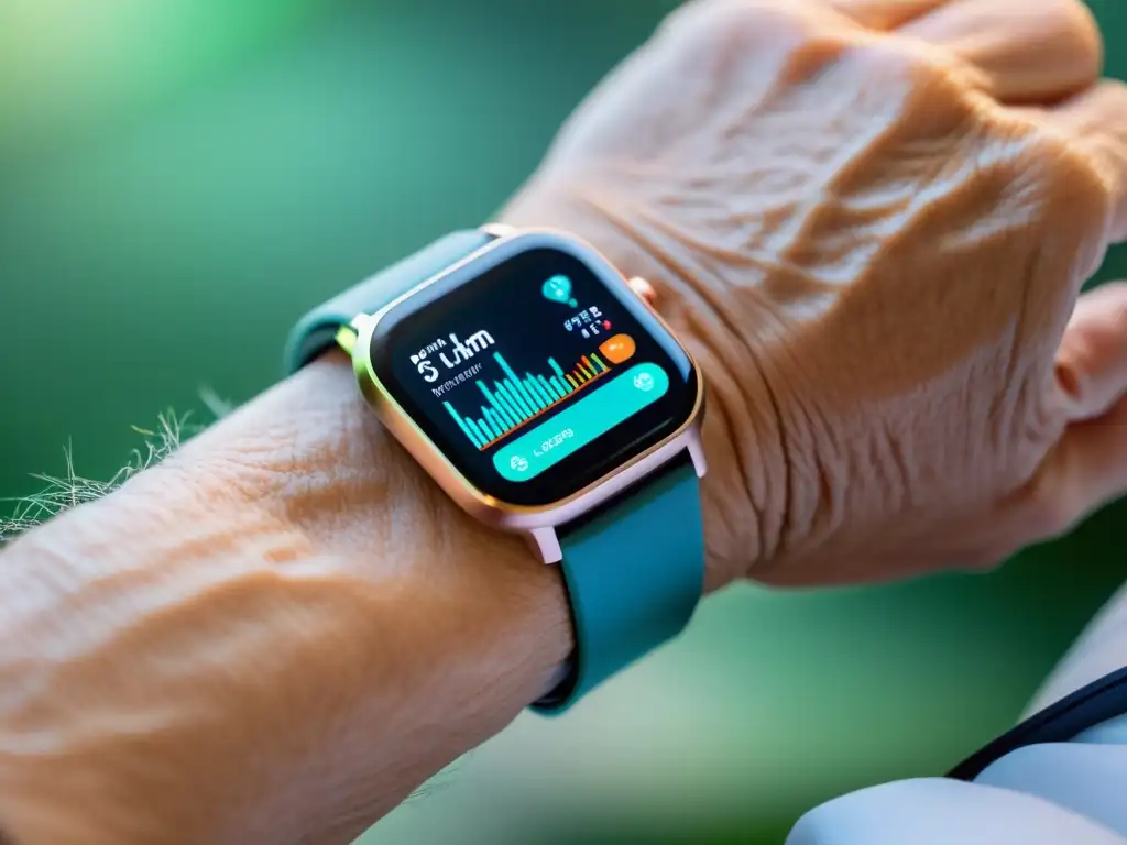 Monitoreo de inmunidad: Avanzada tecnología para cuidado senior Persona mayor monitorea inmunidad con un moderno smartwatch en entorno de salud futurista