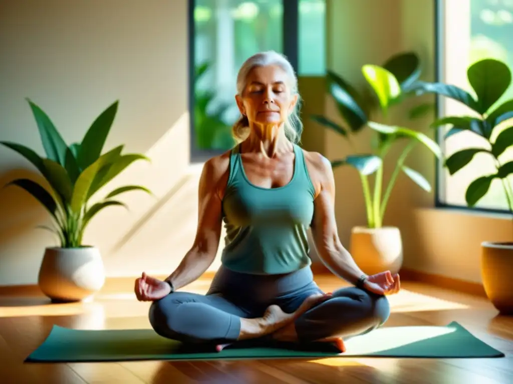 Yoga para el bienestar: serenidad en casa Una persona mayor serena practica yoga en una habitación iluminada por el sol, rodeada de plantas y respirando profundamente para gestionar el estrés