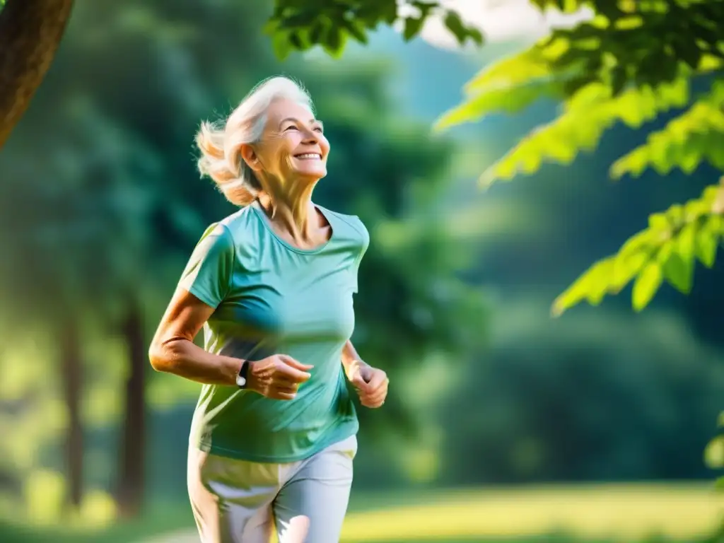 Vitalidad eterna: Ejercicio al aire libre para una salud inquebrantable Persona mayor sonriente ejercitándose al aire libre entre la exuberante vegetación, irradiando vitalidad y salud para mantener sistema inmune joven
