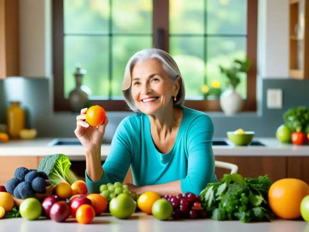 Empoderamiento y salud: Suplementos naturales para adultos mayores Persona mayor sonriente rodeada de frutas, verduras y suplementos para fortalecer sistema inmunológico