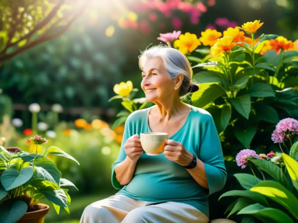 Serena armonía: persona mayor disfrutando del jardín con té herbal Persona mayor disfrutando de un jardín tranquilo con flores vibrantes, tomando té, sensación de bienestar y calma