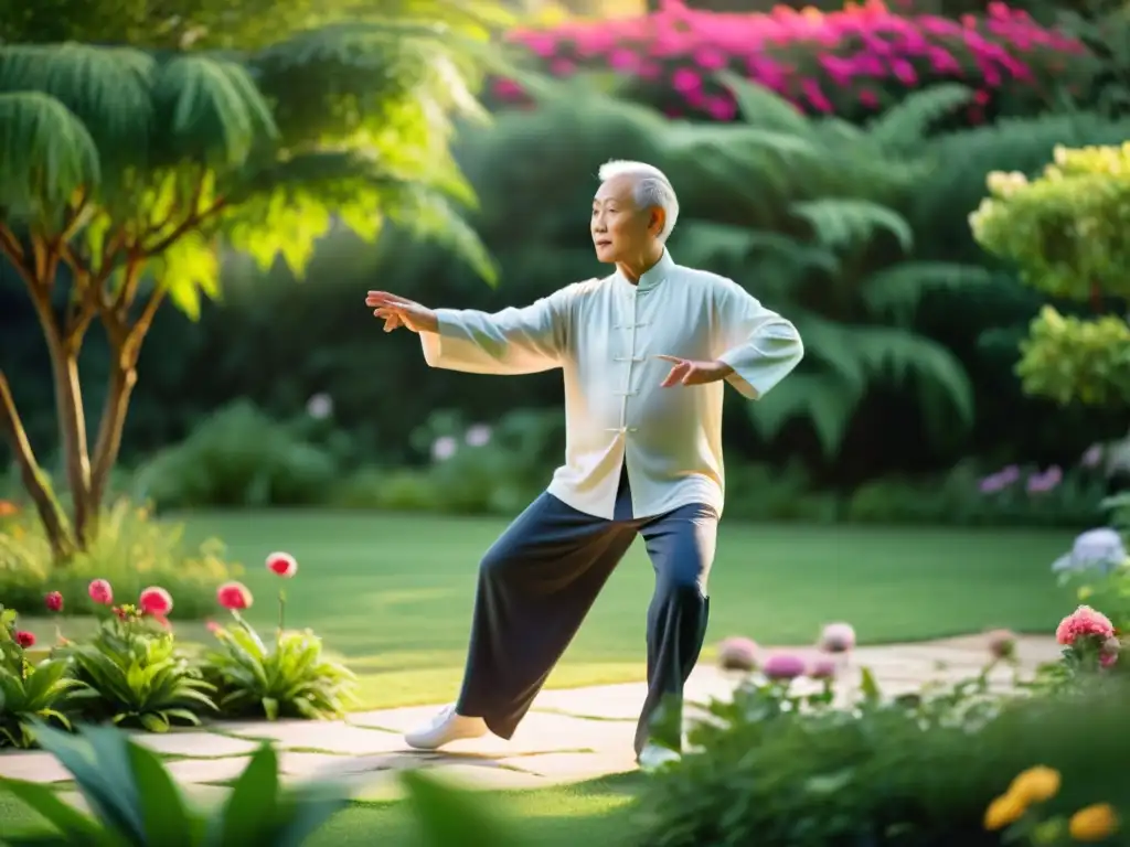 Armonía en el jardín: Practicando tai chi entre flores y naturaleza Persona mayor practicando tai chi en jardín tranquilo rodeado de flores vibrantes y exuberante vegetación, con luz matutina cálida