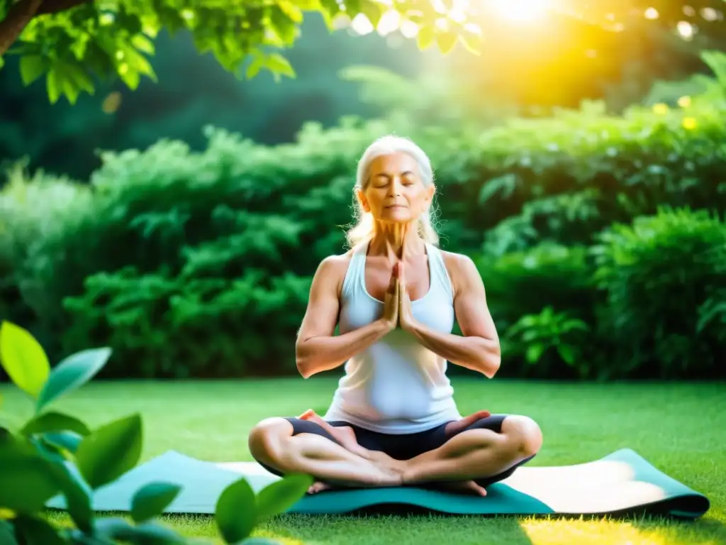 Yoga para adultos mayores: serenidad en el jardín Persona mayor practicando yoga en un jardín sereno rodeado de vegetación exuberante y luz solar