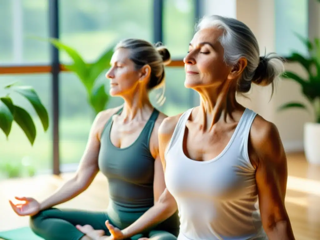 Fortaleciendo el sistema inmune: Yoga para la serenidad Persona mayor practicando yoga para fortalecer sistema inmunológico en estudio luminoso con plantas verdes
