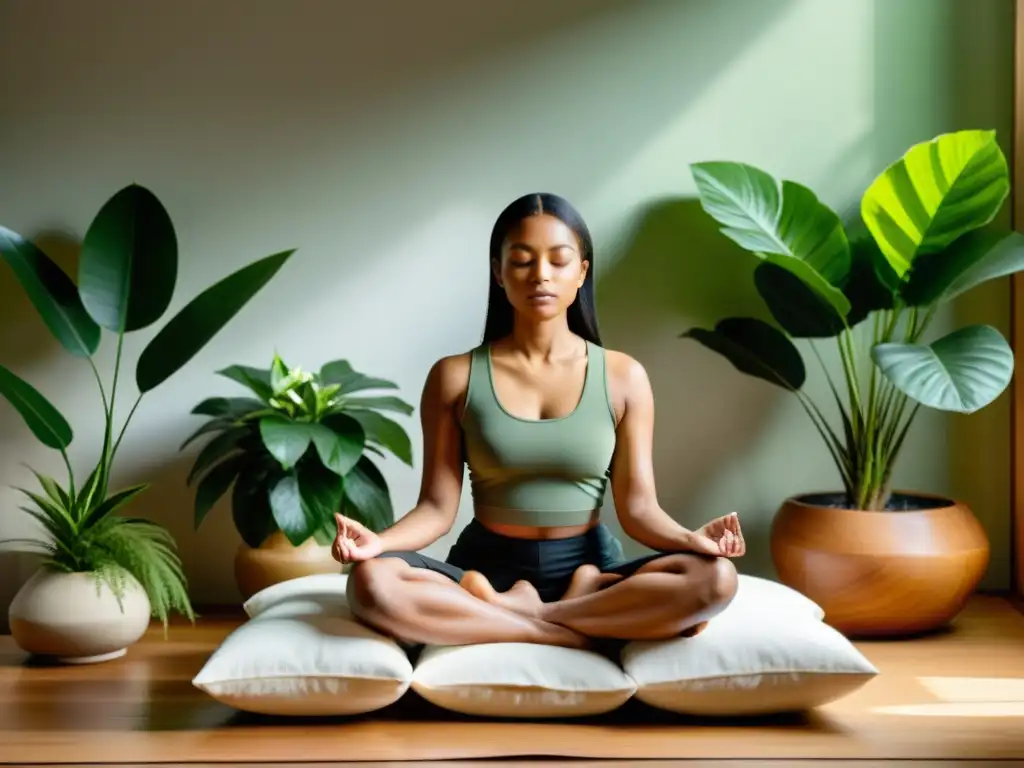 Meditación serena entre plantas verdes Persona en meditación profunda rodeada de plantas, en un ambiente tranquilo y minimalista
