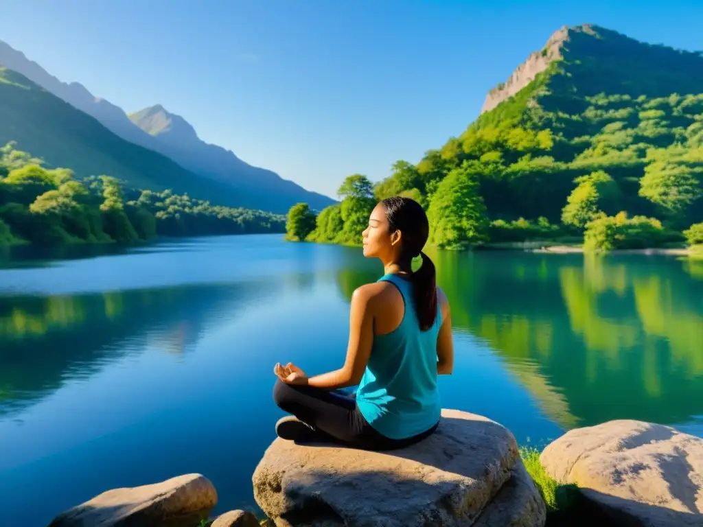 Meditación en la Naturaleza: Serenidad en el Lago Una persona practicando mindfulness al aire libre, en profunda concentración, con una expresión de paz