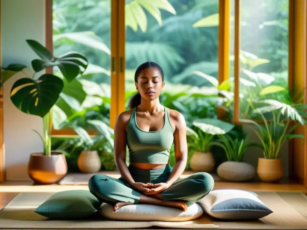Práctica de mindfulness: serenidad y paz interior Persona practicando mindfulness en un ambiente sereno y soleado, rodeada de plantas verdes