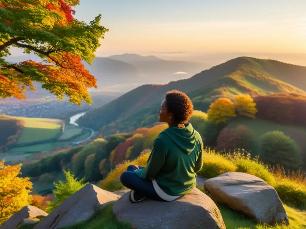 Practicando mindfulness al amanecer en la montaña Persona practicando mindfulness en la cima de la montaña, rodeada de árboles otoñales y bañada por la luz del amanecer