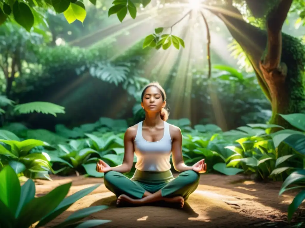 Persona en meditación, conexión con la naturaleza Persona practicando mindfulness en la naturaleza, rodeada de vegetación exuberante y luz solar, transmitiendo paz y tranquilidad