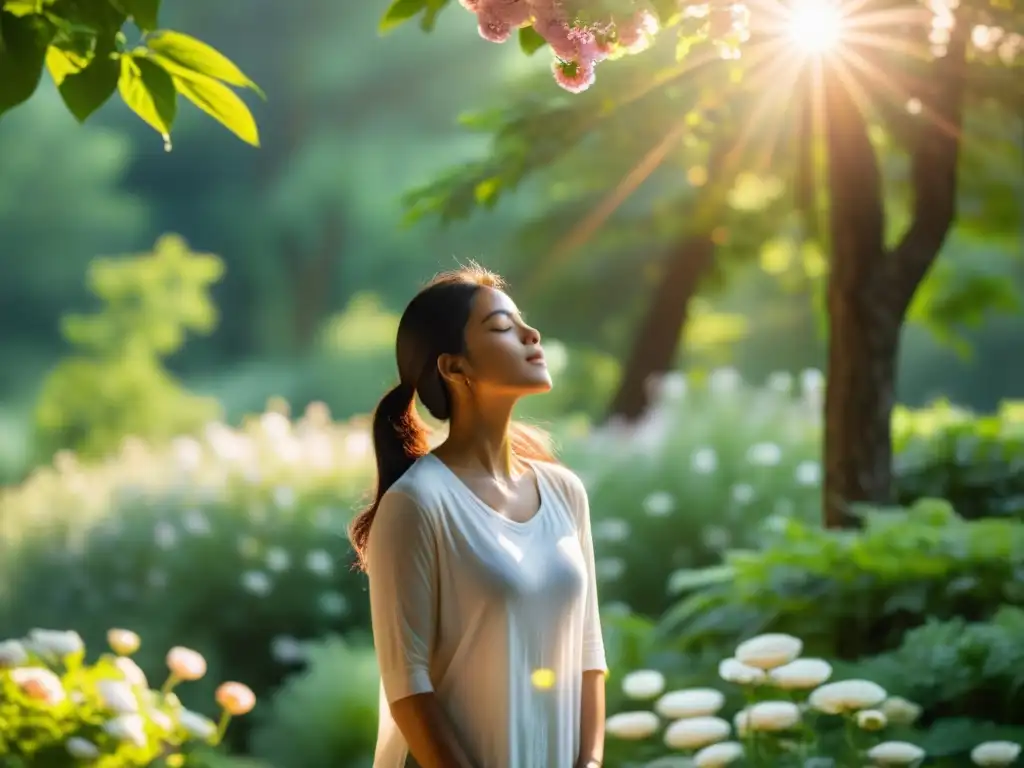Practicando mindfulness: paz en la naturaleza Persona practicando mindfulness en la naturaleza, rodeada de paz y belleza, para promover psiconeuroinmunología y emociones saludables
