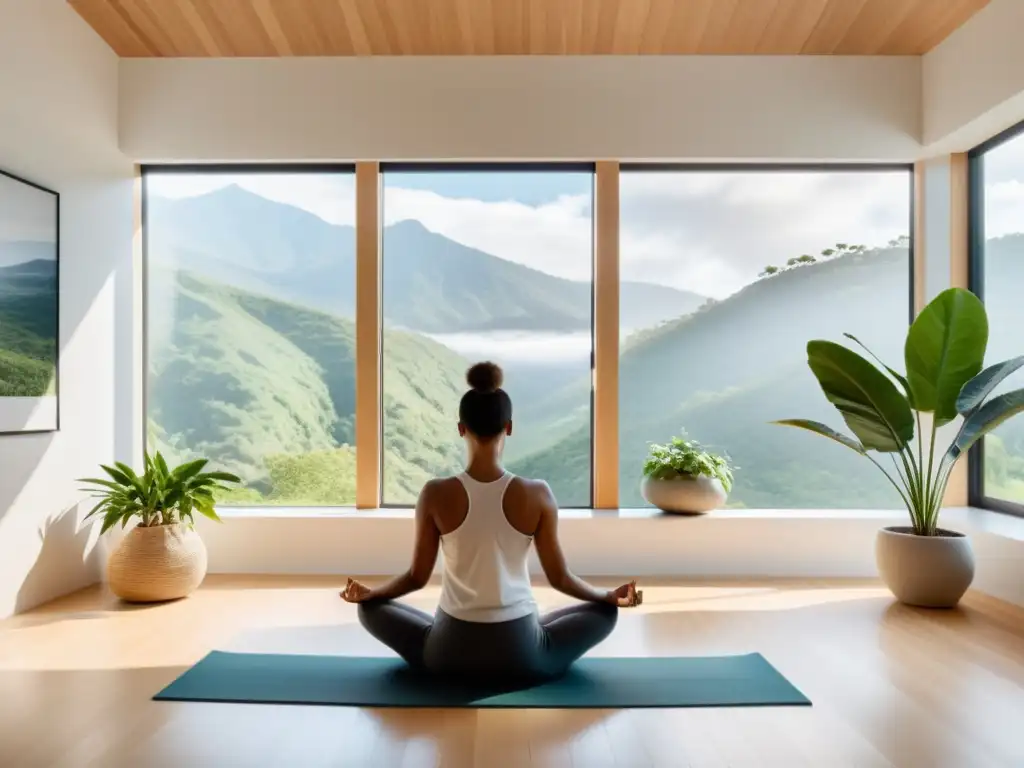 Persona practicando mindfulness en una oficina moderna con vista a la naturaleza
