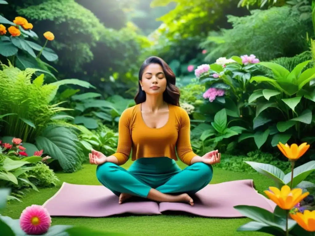 Persona practicando mindfulness rodeada de naturaleza exuberante, técnica de coaching para el sistema inmunológico