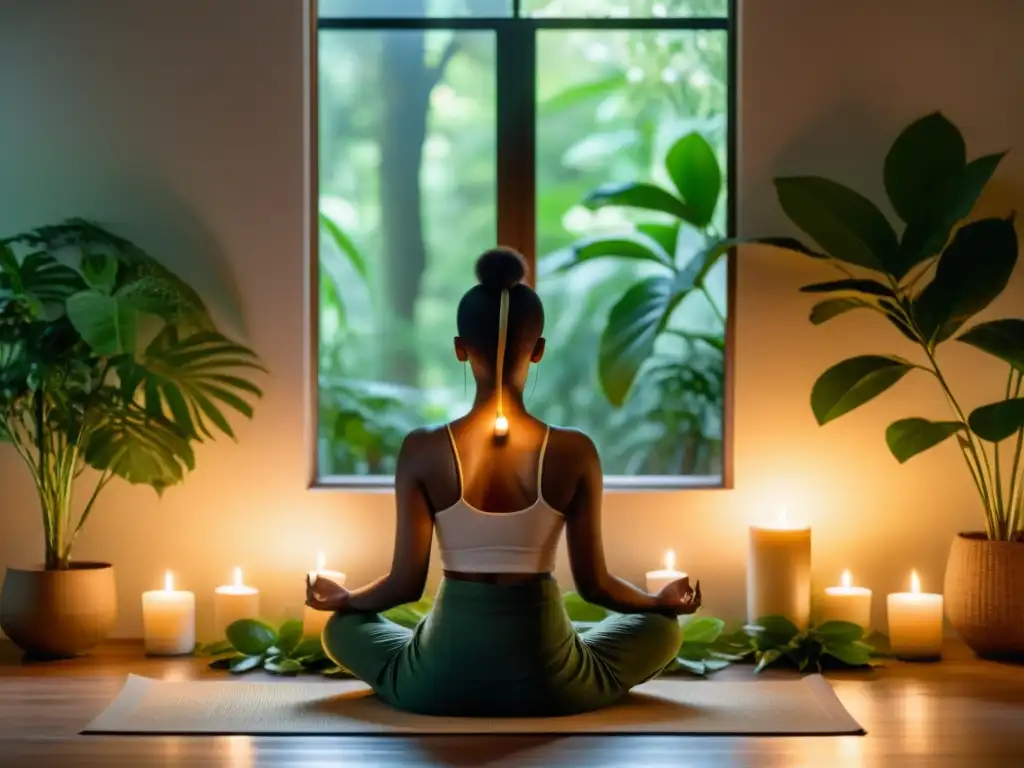 Práctica de Mindfulness: Serenidad entre velas y plantas Persona practicando mindfulness rodeada de velas y plantas