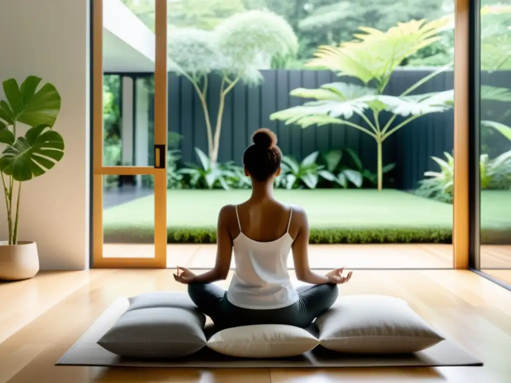 Salón minimalista con vista a jardín para relajación Persona practicando mindfulness en sala con vistas a jardín