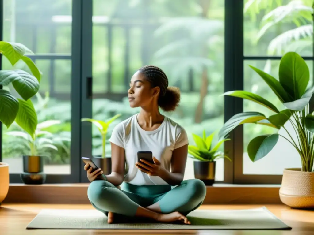 Práctica de mindfulness en casa: calma moderna con app Persona practicando mindfulness en un salón moderno, rodeada de plantas