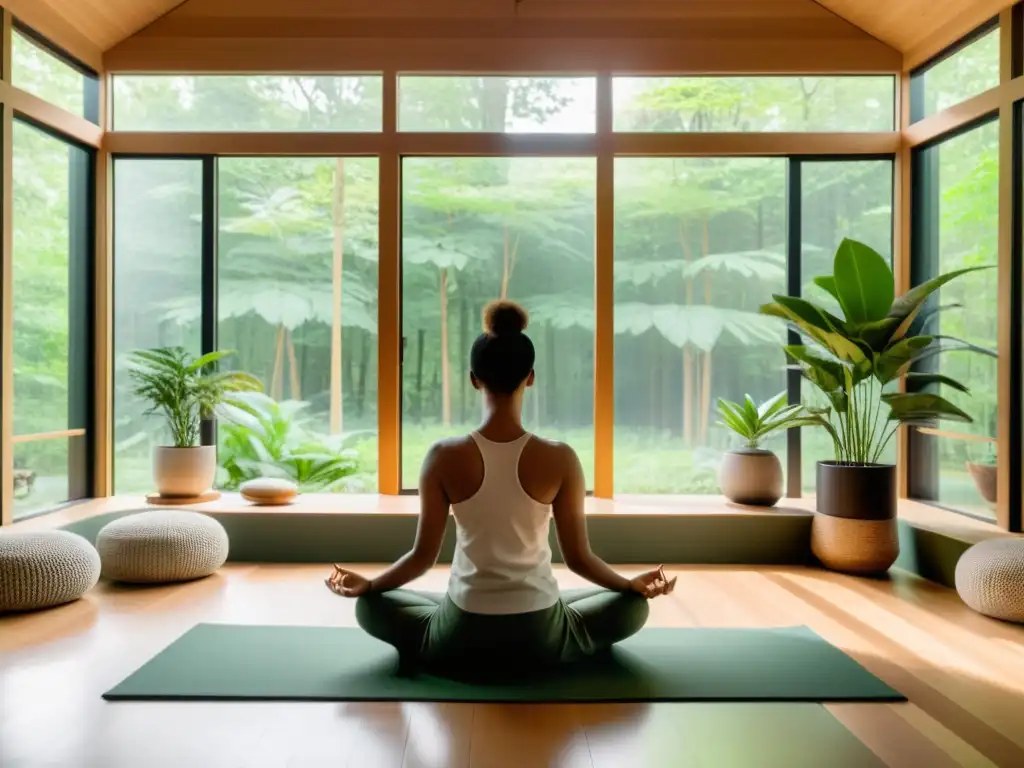 Sala de meditación con vista a bosque: paz y serenidad Persona meditando en moderna sala con vista al bosque