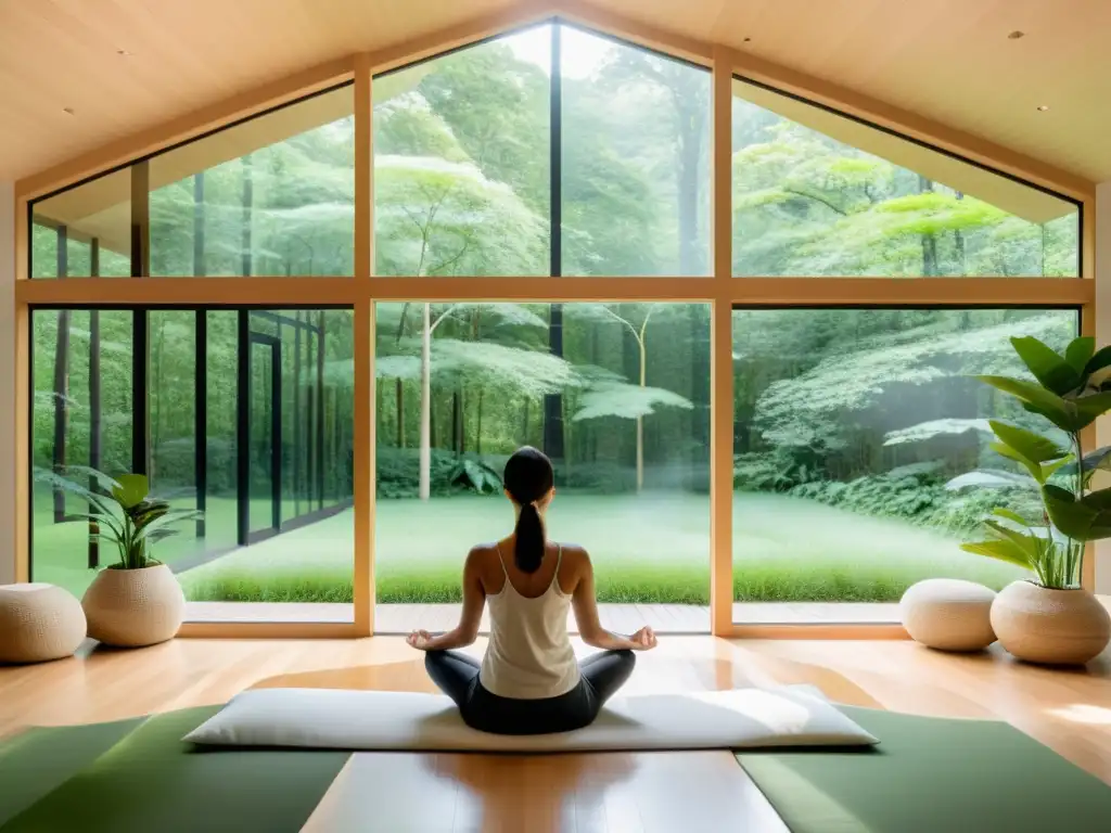 Sala de meditación moderna con vista a la naturaleza Persona meditando en moderna habitación con vista al bosque, efectos de la meditación en el sistema inmunológico