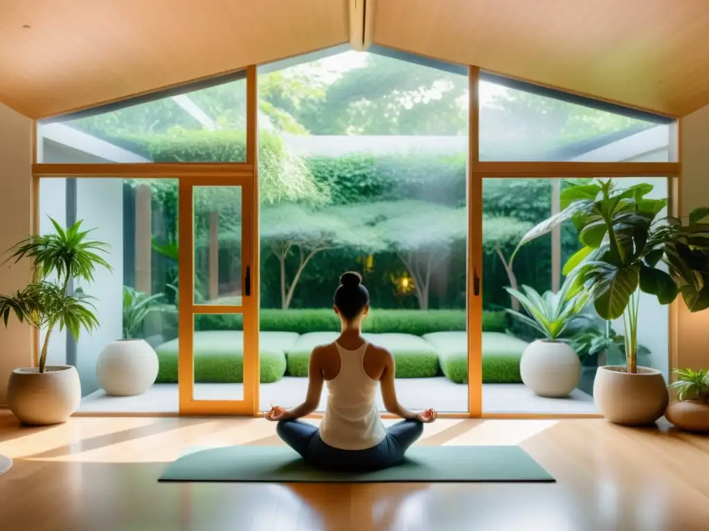 Espacio de meditación sereno con vistas naturales Persona meditando en un moderno espacio con vista a un jardín, transmitiendo tranquilidad y paz interior