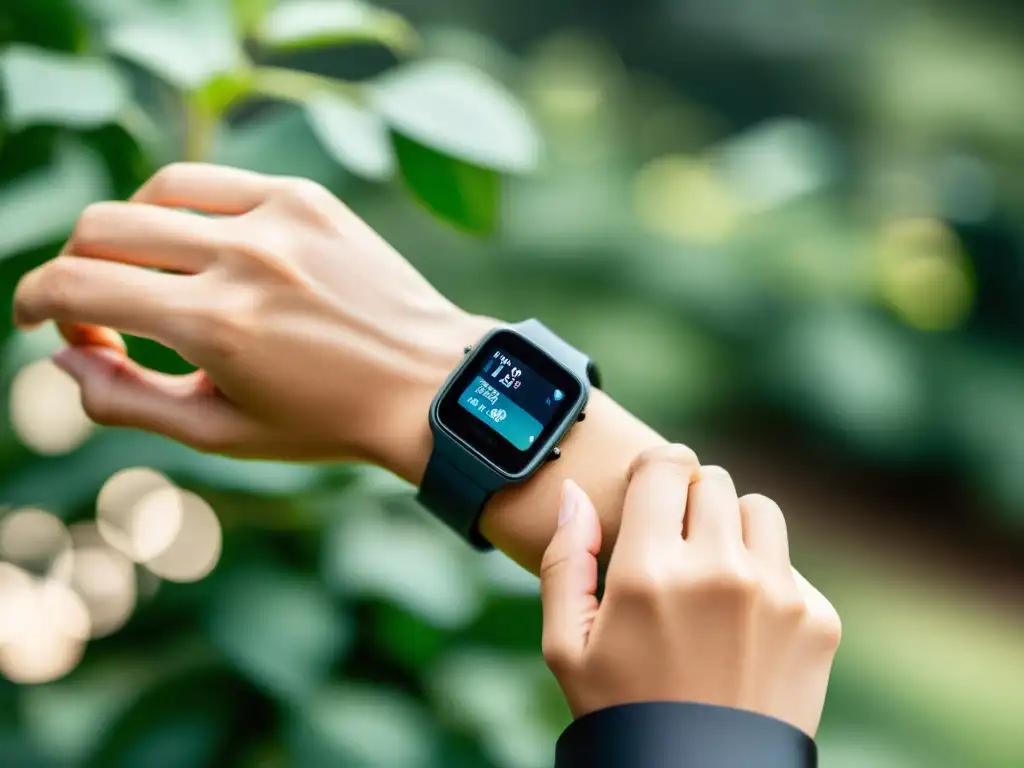 Fitness al aire libre con tecnología wearable Persona usando un moderno rastreador de actividad física al aire libre