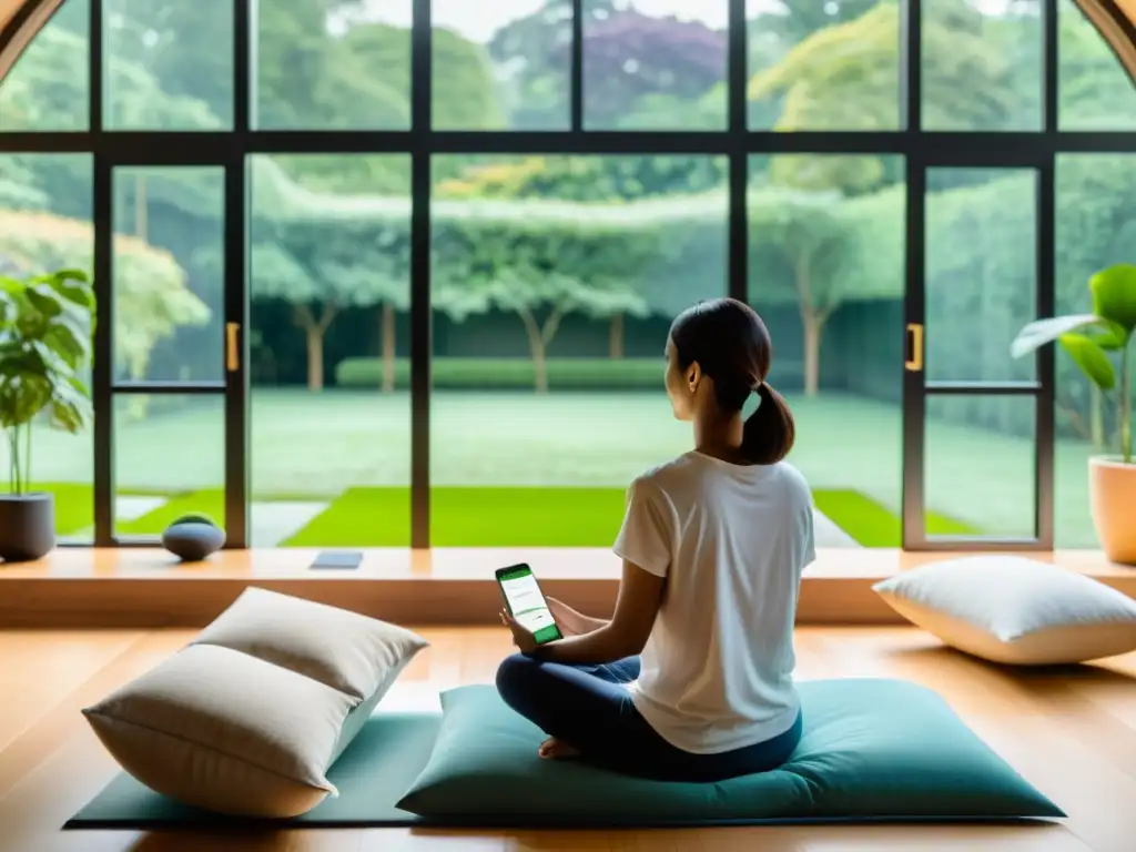 Medición tranquila en sala moderna con app de meditación Una persona medita tranquilamente en un moderno salón con vista a un exuberante jardín