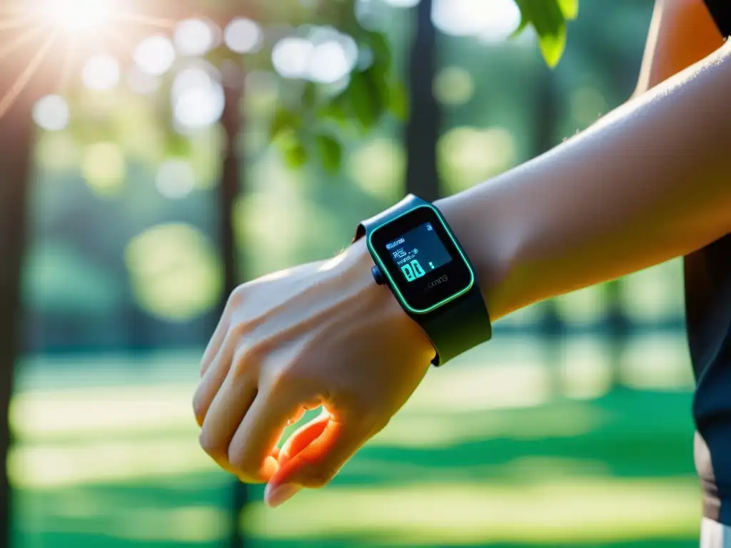 Una persona usa un moderno wearable de salud mientras corre en un parque
